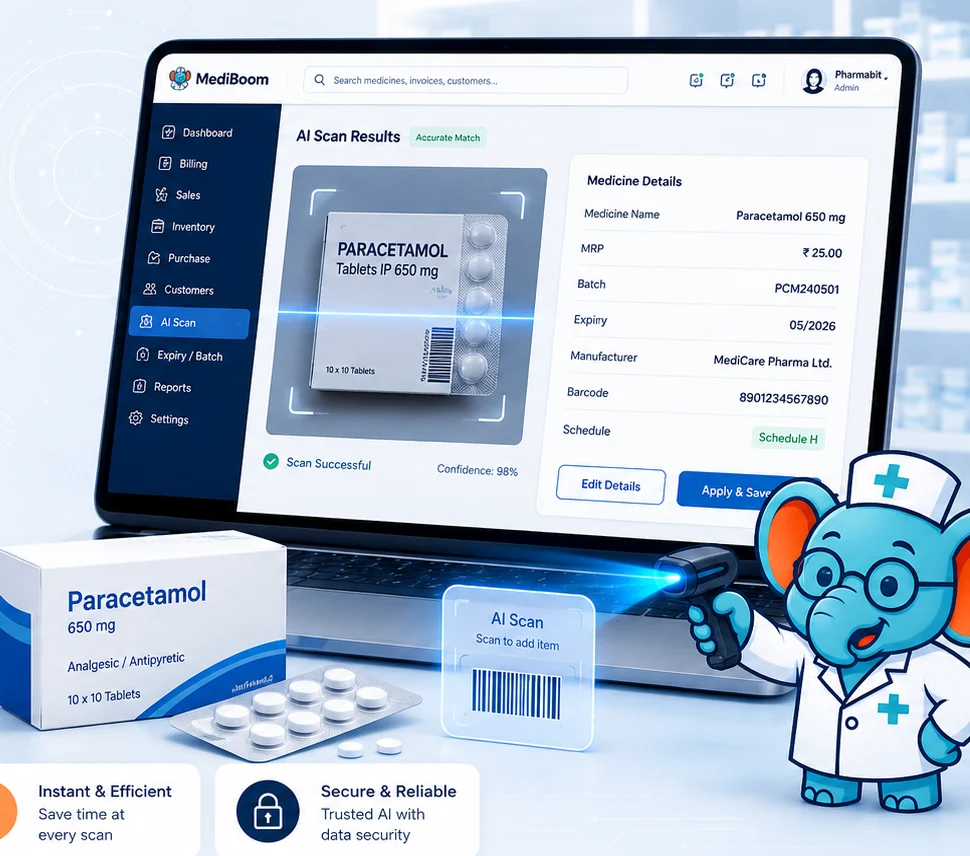 MediBoom AI-assisted medicine pack scan interface preview