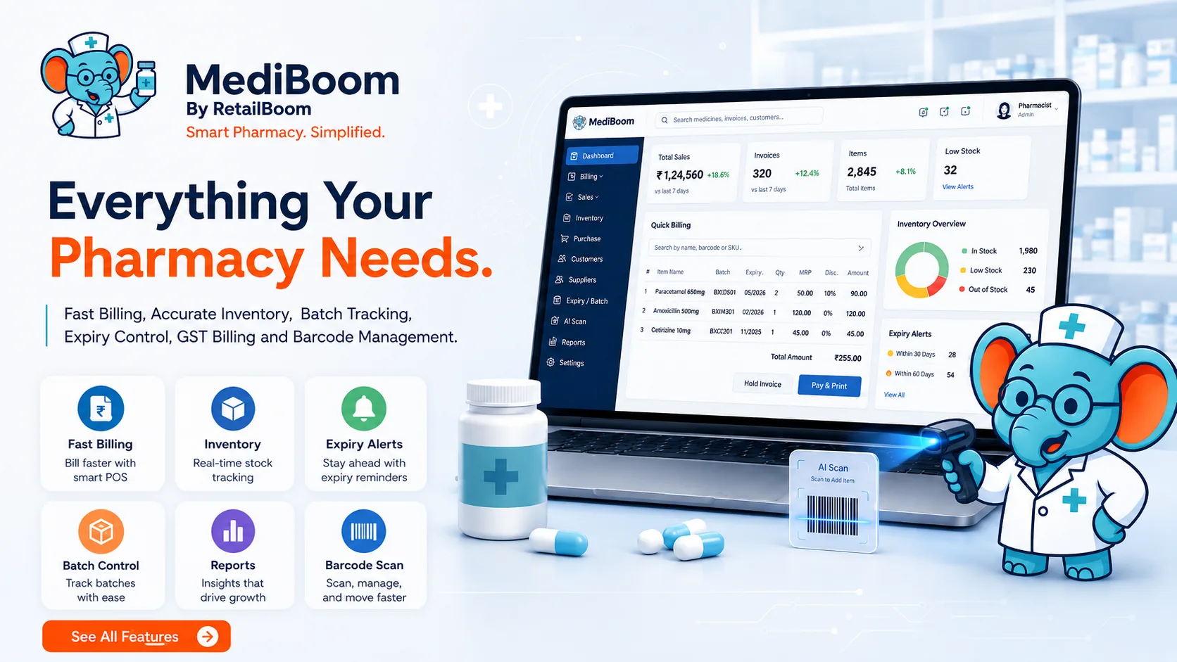 MediBoom pharmacy management features