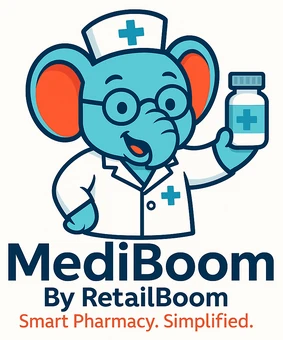 MediBoom mascot and logo